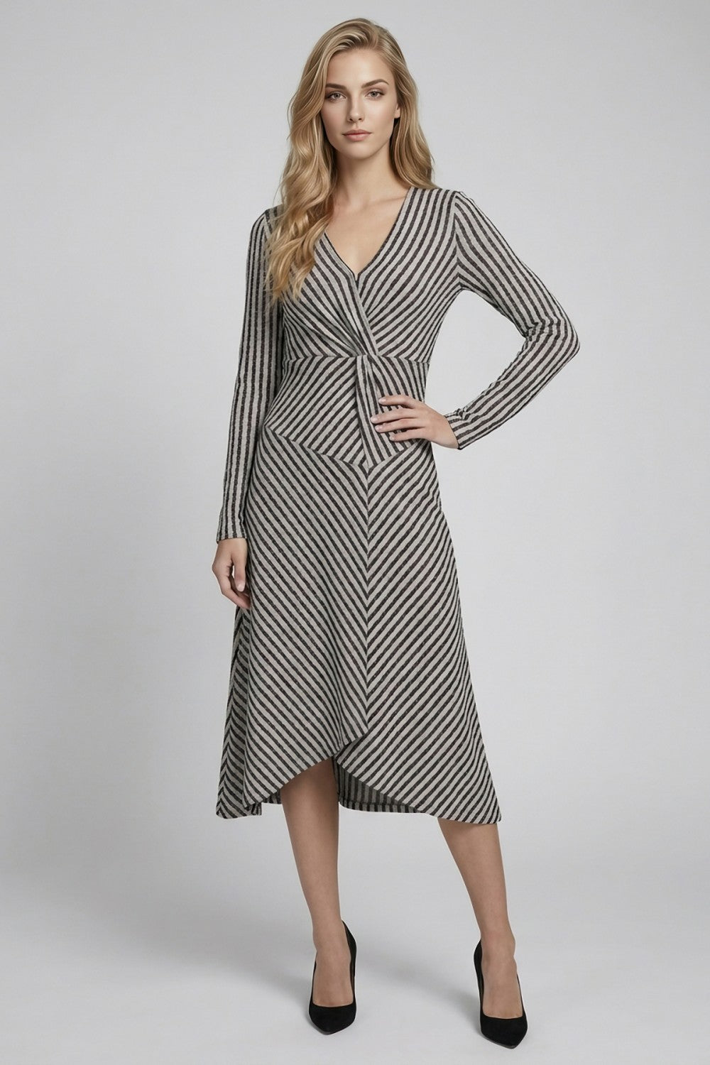 Doe & Rae Stripe Jacquard Twist Midi Dress 28528D in Blue Charcoal - view 1