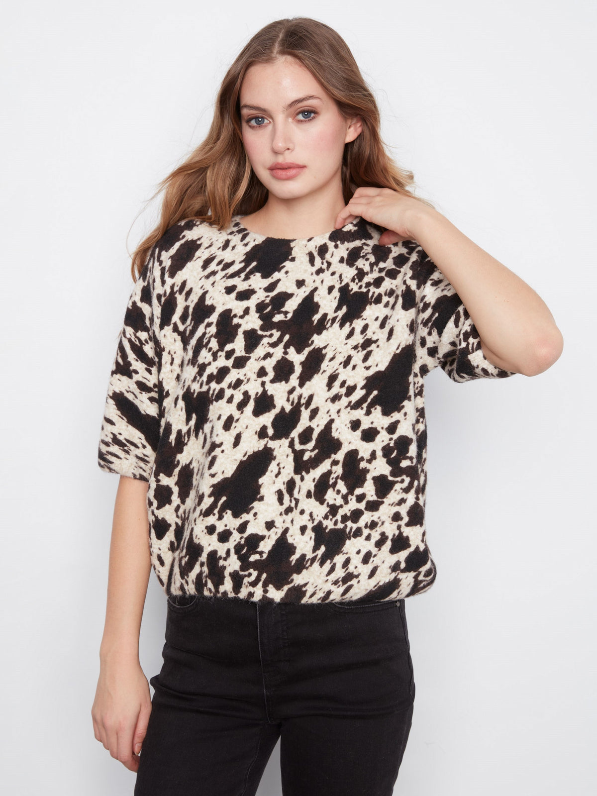 Spots Cow Print Balloon Elbow-Sleeve Sweater
