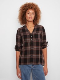 Black Plaid Double-Gauze Roll-Up Sleeve Blouse