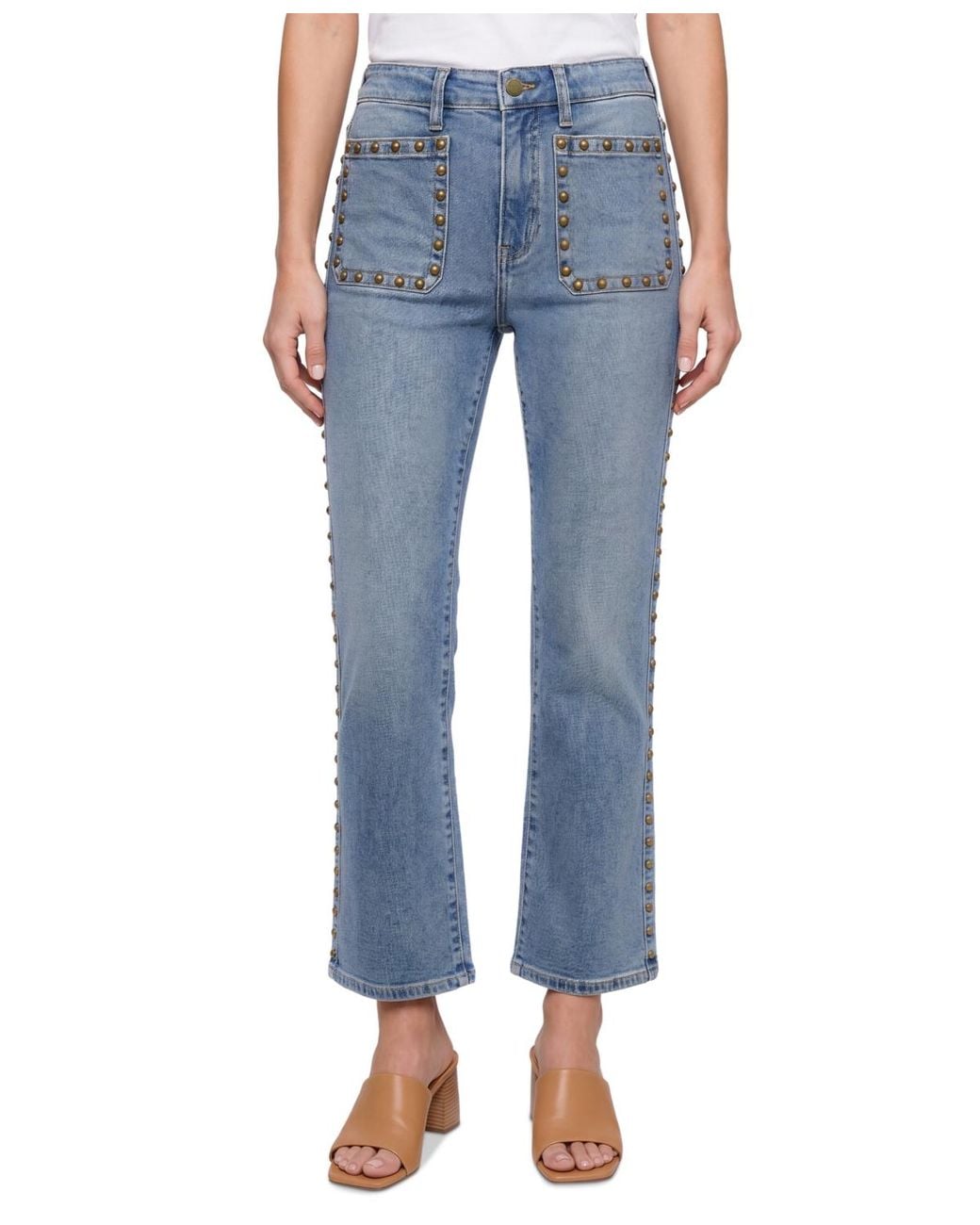 Liverpool Hannah Studded Patch-Pocket Flare Jeans in Bronzed Blue