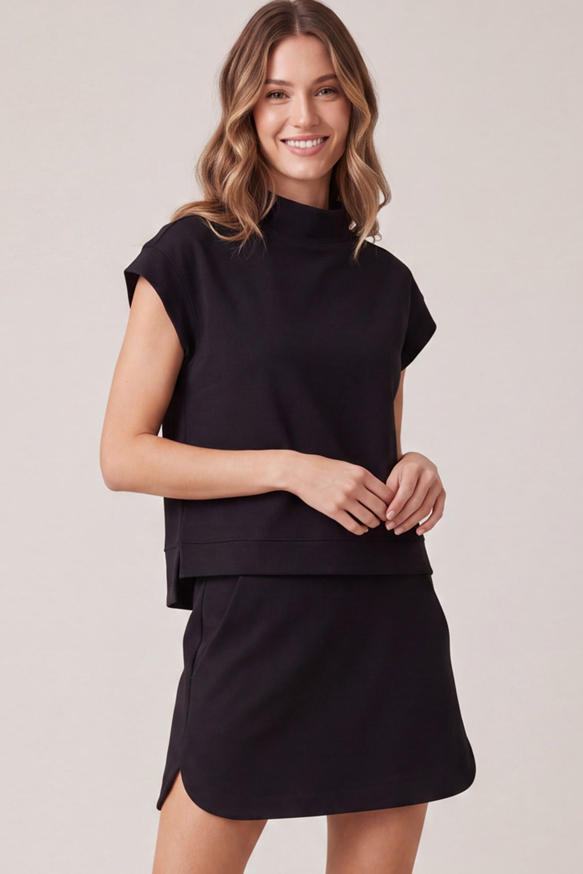 Wine mock-neck scuba knit top and mini skirt set back view