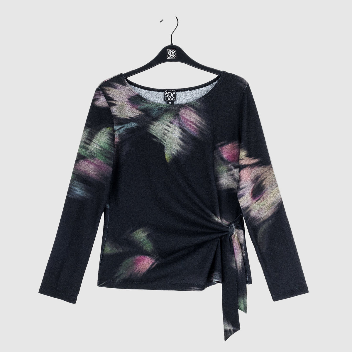 Clara Sun Woo Shadow Brush Side Tie Sweater in Black Multi