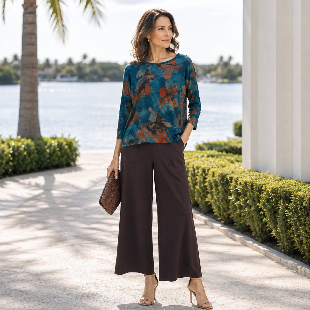 Clara Sun Woo Autumn Foliage Side Tipped Sweater in Turquoise Brown