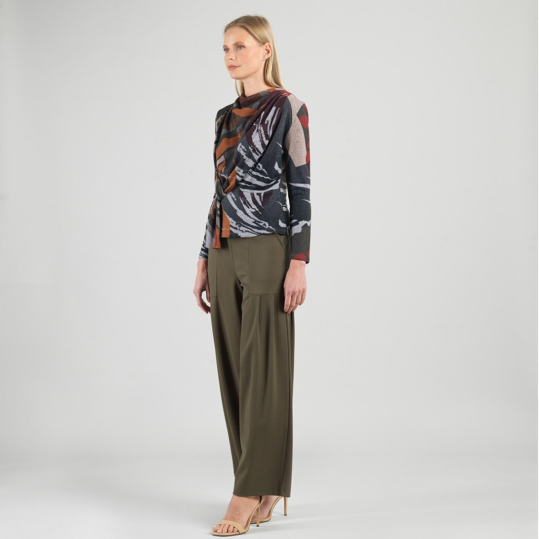 Clara Sun Woo Abstract Harvest Loop Front Sweater in Olive Tan