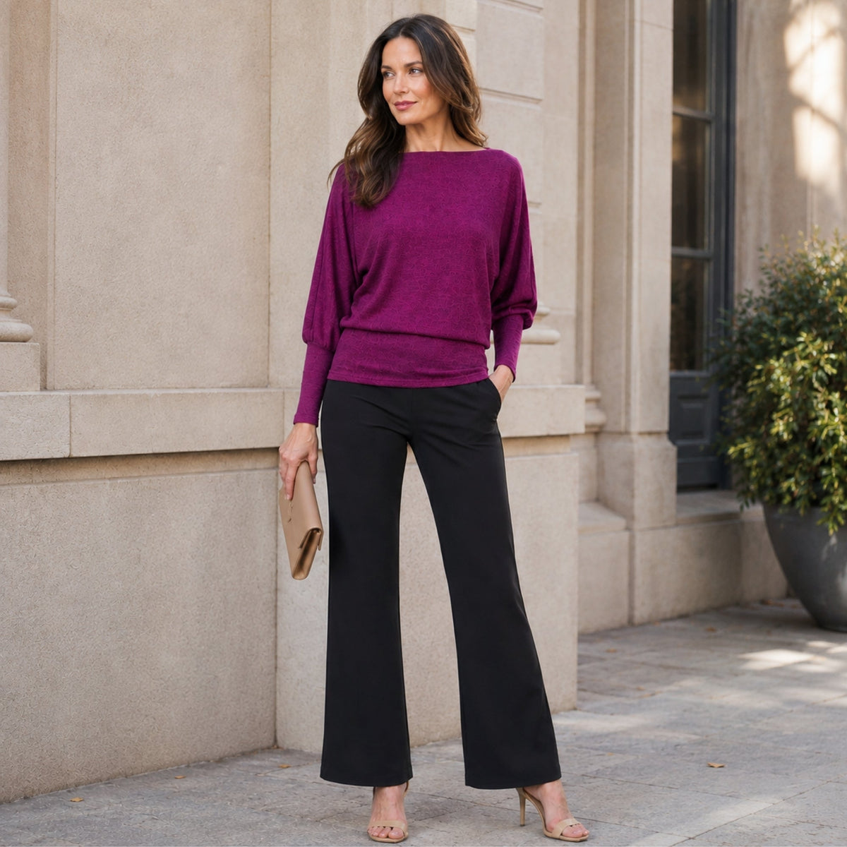 Clara Sun Woo Heathered Boat Neck Blouson Sweater in Magenta