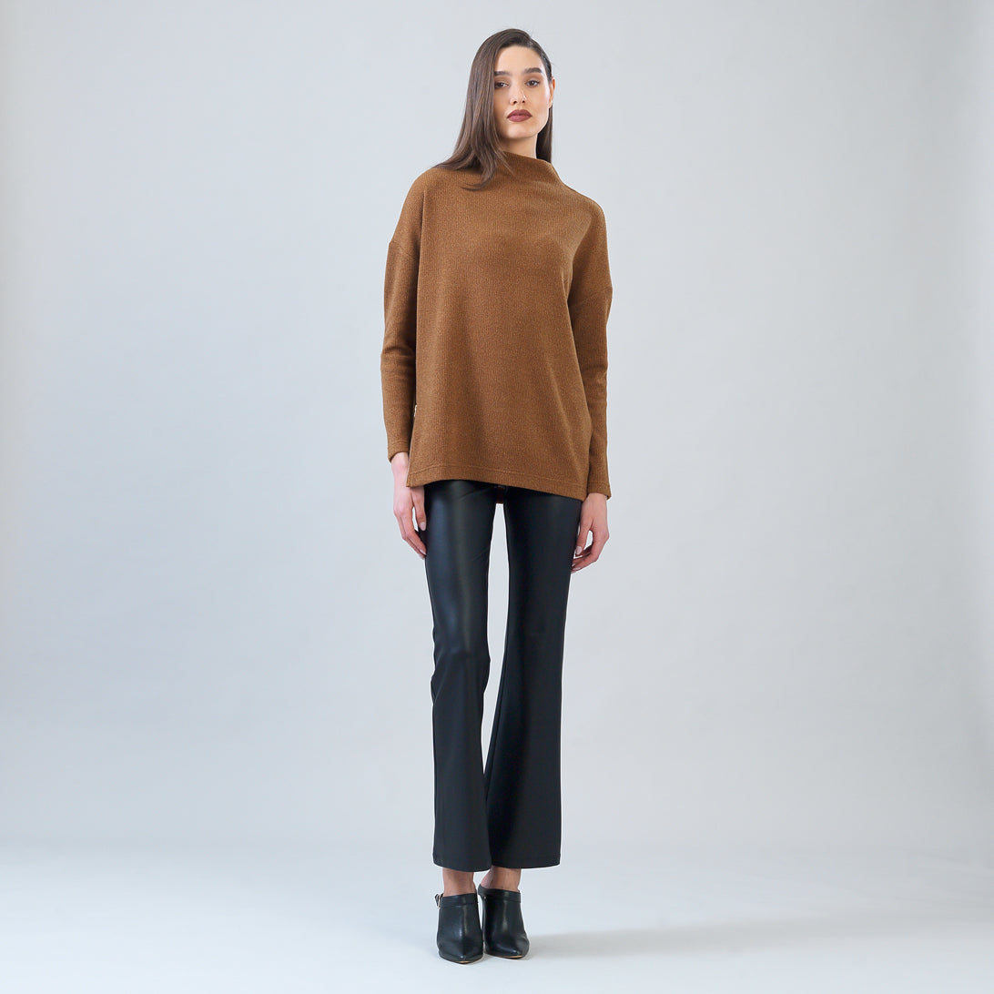 Clara Sun Woo Plush Ribbed Zipper Vent Tunic Sweater in Camel