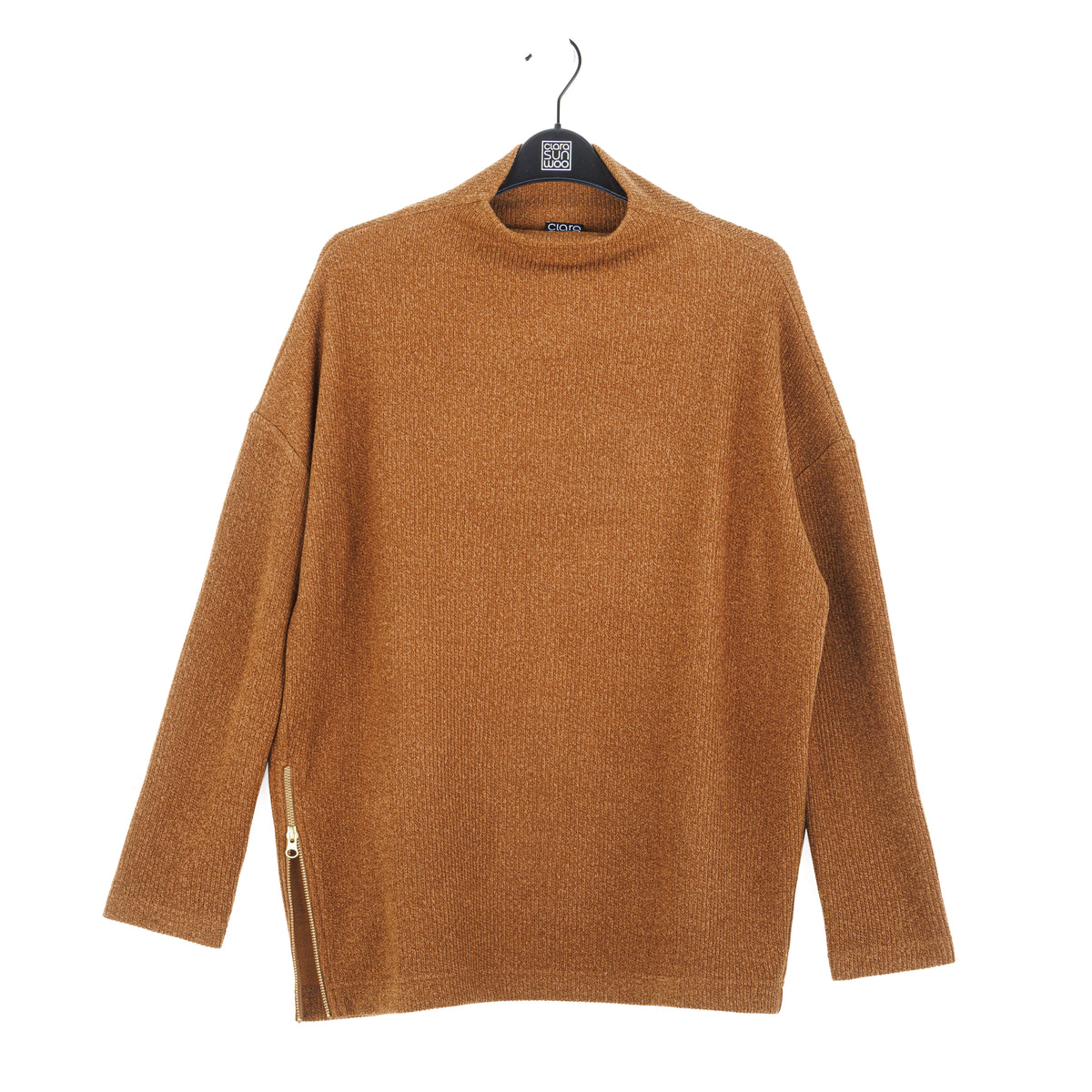 Clara Sun Woo Plush Ribbed Zipper Vent Tunic Sweater in Camel