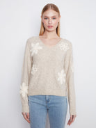 Heather Almond Floral Appliqué V-Neck Sweater