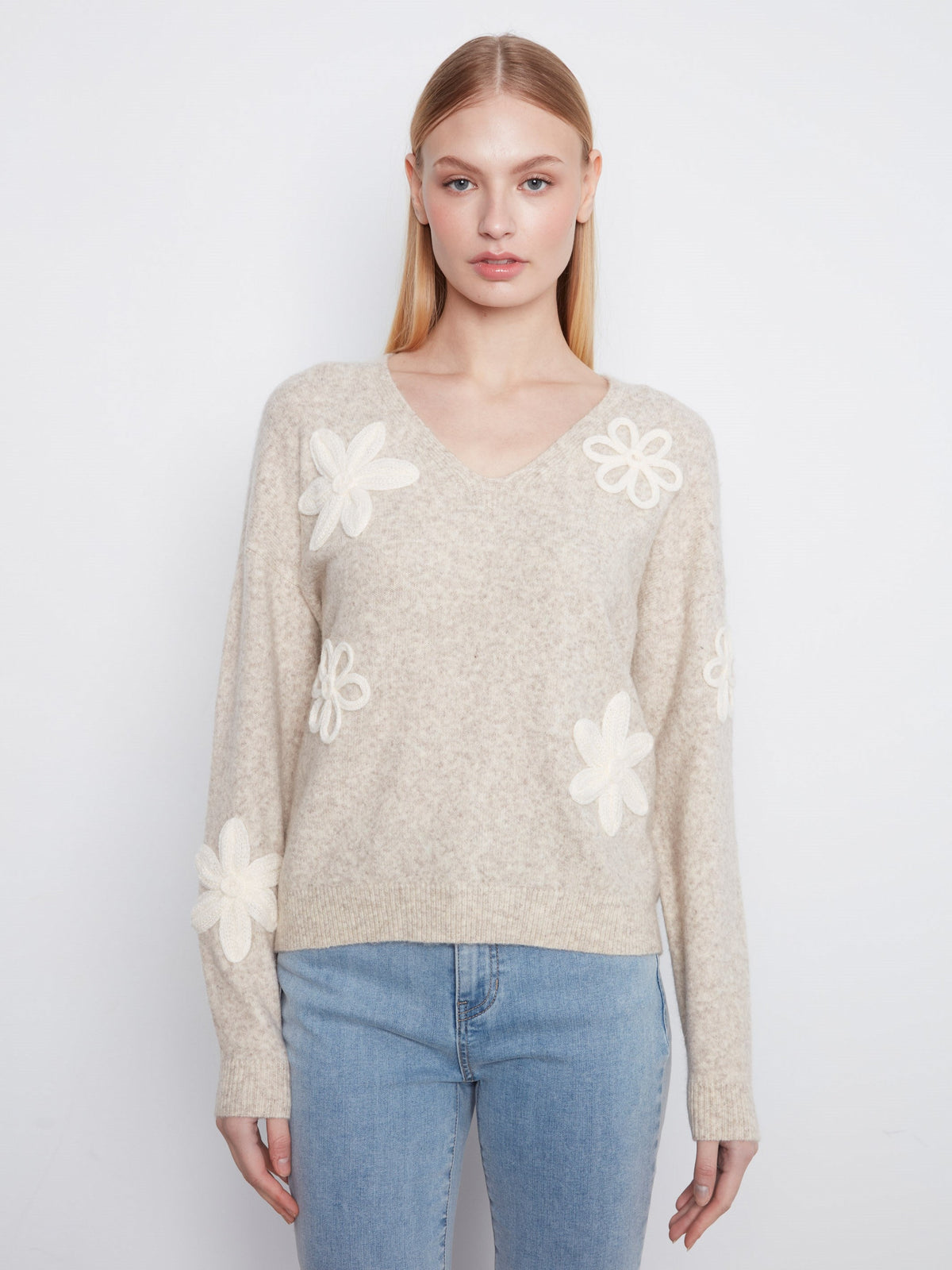 Heather Almond Floral Appliqué V-Neck Sweater