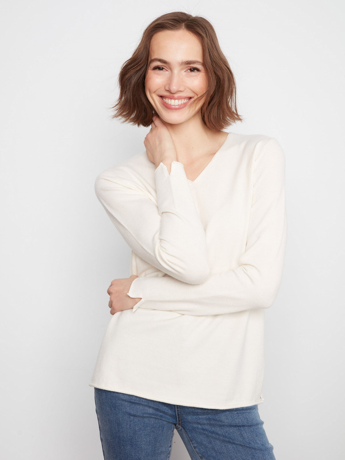 Ecru Basic V-Neck Sweater