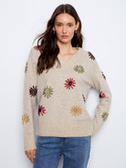 Heather Natural Floral Embroidered V-Neck Sweater