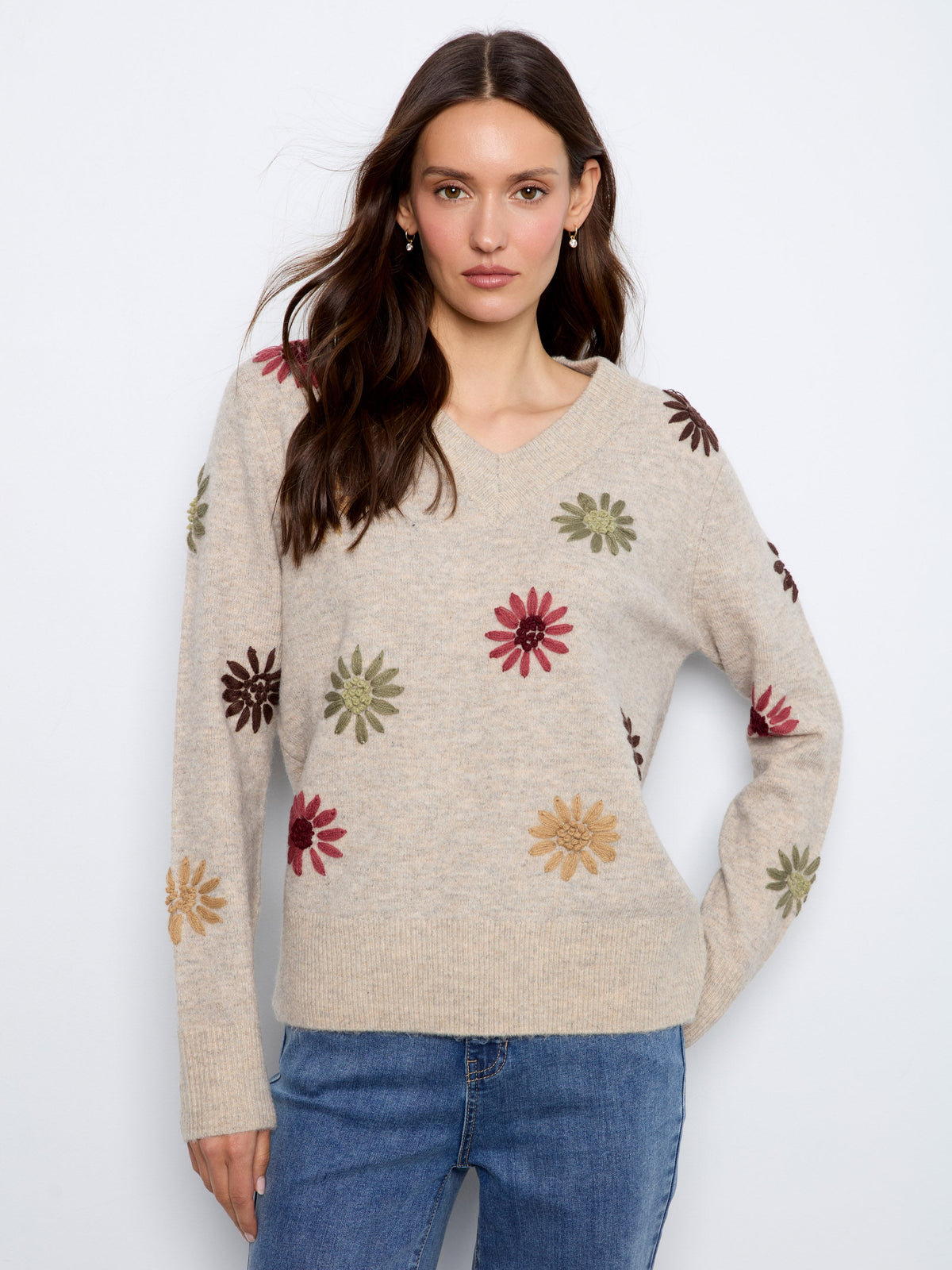 Heather Natural Floral Embroidered V-Neck Sweater