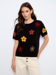 Black Floral Embroidered Elbow-Sleeve Sweater
