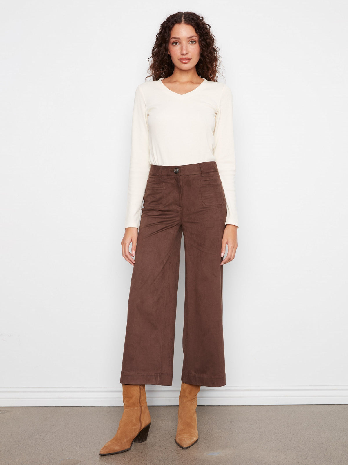 Coffee Faux Suede Cropped Wide-Leg Pants