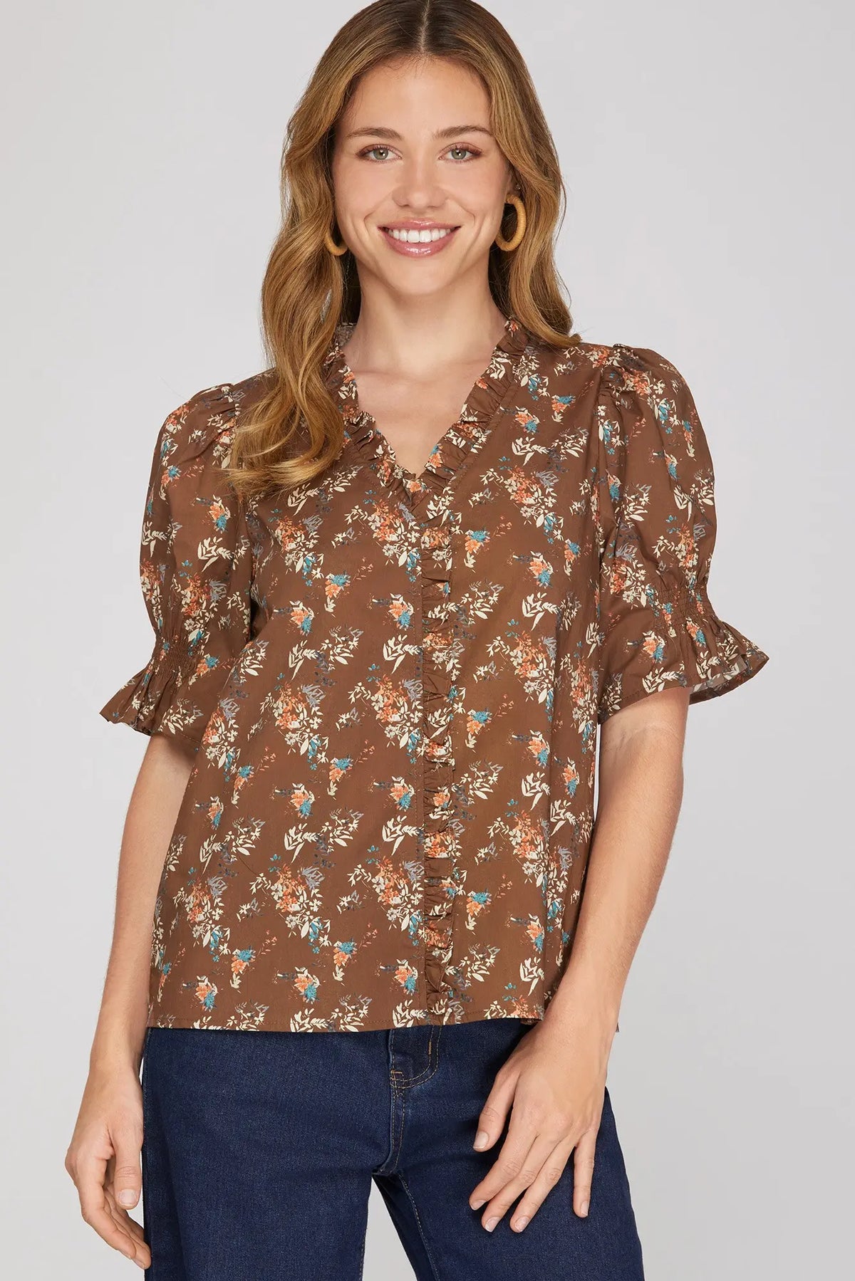 Brown floral ruffle-neck blouse front view