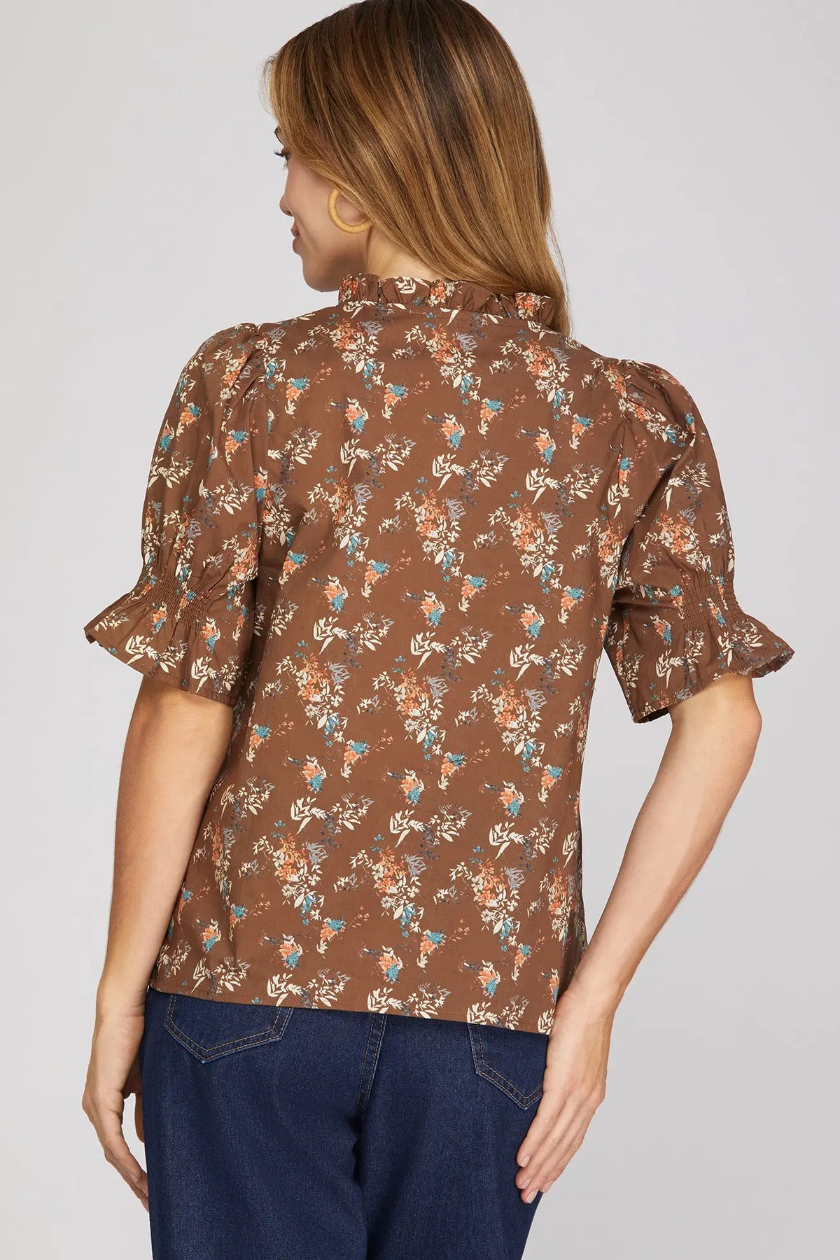 Brown floral ruffle-neck blouse alternate view