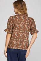 Brown floral ruffle-neck blouse alternate view