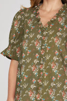 Brown floral ruffle-neck blouse back view