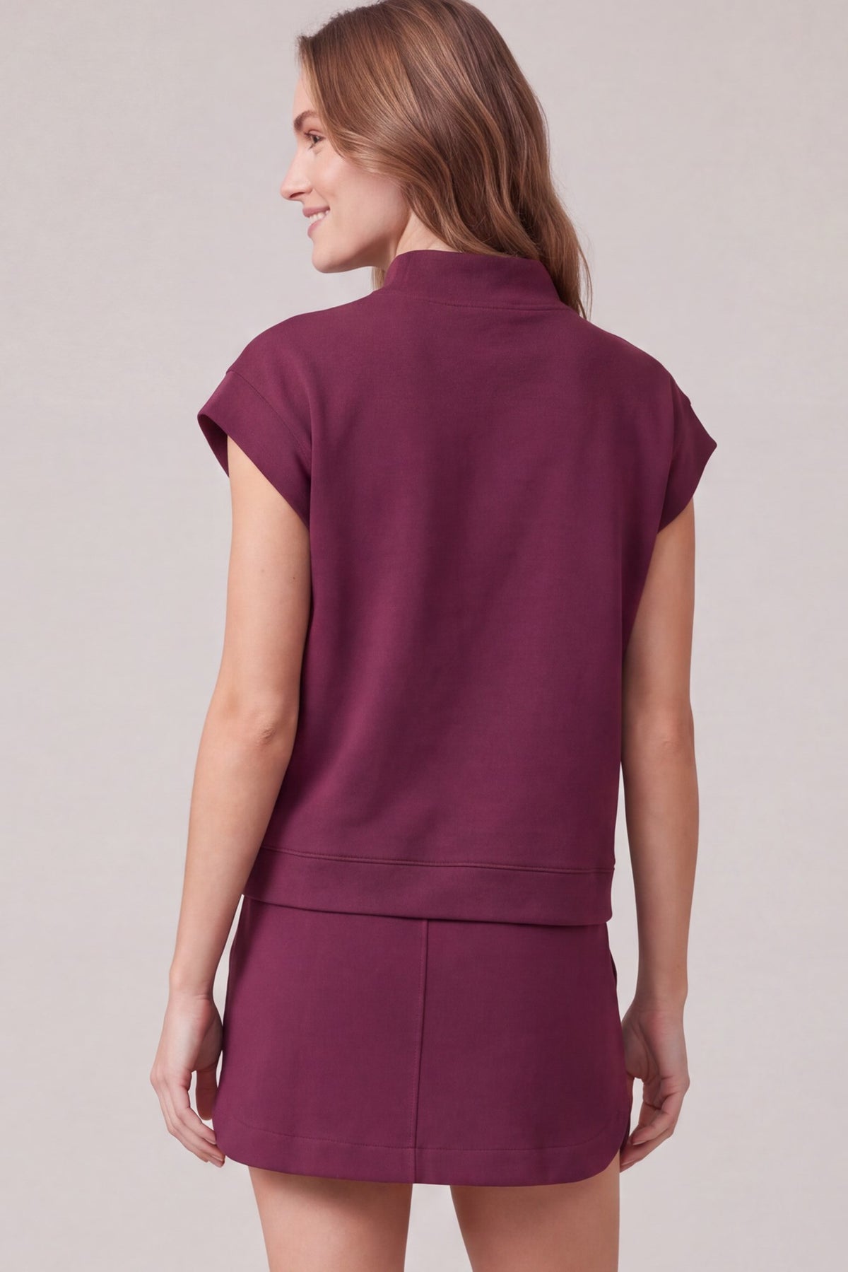 Wine mock-neck scuba knit top and mini skirt set alternate view