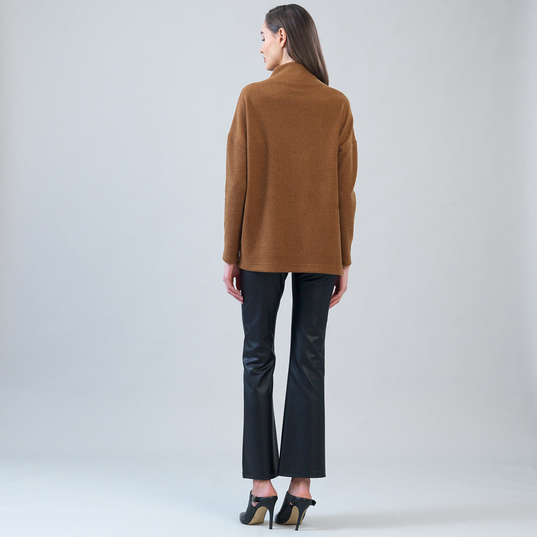 Clara Sun Woo Plush Ribbed Zipper Vent Tunic Sweater in Camel