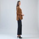 Clara Sun Woo Plush Ribbed Zipper Vent Tunic Sweater in Camel