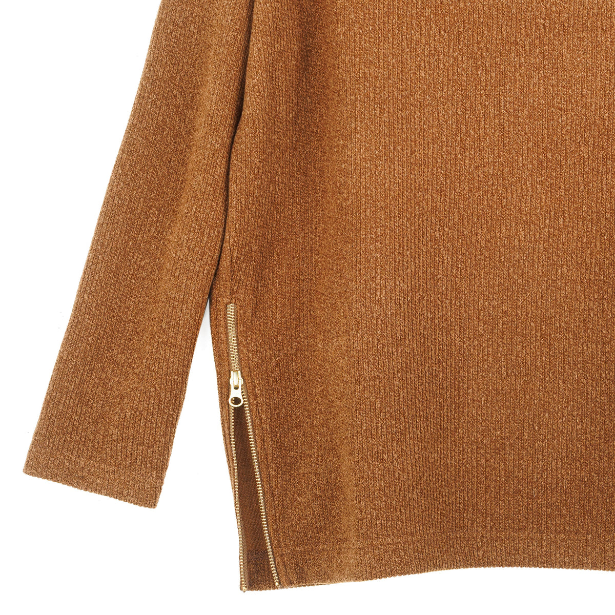 Clara Sun Woo Plush Ribbed Zipper Vent Tunic Sweater in Camel